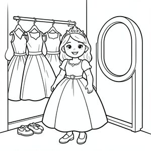 Prompt:
A princess standing in a simple dressing room with hanging gowns, shoes, and a mirror. Everything neatly arranged and minimal.

Style Rules (applied to every page):
Bold thick outlines
Simple background (no clutter)
One main character per page
Cute, happy, friendly expressions
Easy shapes for kids to color