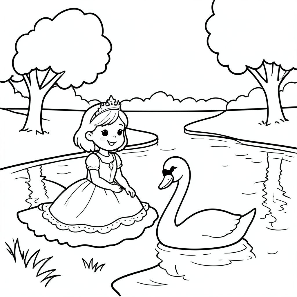 A princess sitting peacefully beside a calm lake with swans swimming. Simple trees and soft reflections in water.

Style Rules (applied to every page):
Bold thick outlines
Simple background (no clutter)
One main character per page
Cute, happy, friendly expressions
Easy shapes for kids to color