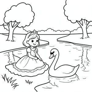 A princess sitting peacefully beside a calm lake with swans swimming. Simple trees and soft reflections in water.

Style Rules (applied to every page):
Bold thick outlines
Simple background (no clutter)
One main character per page
Cute, happy, friendly expressions
Easy shapes for kids to color