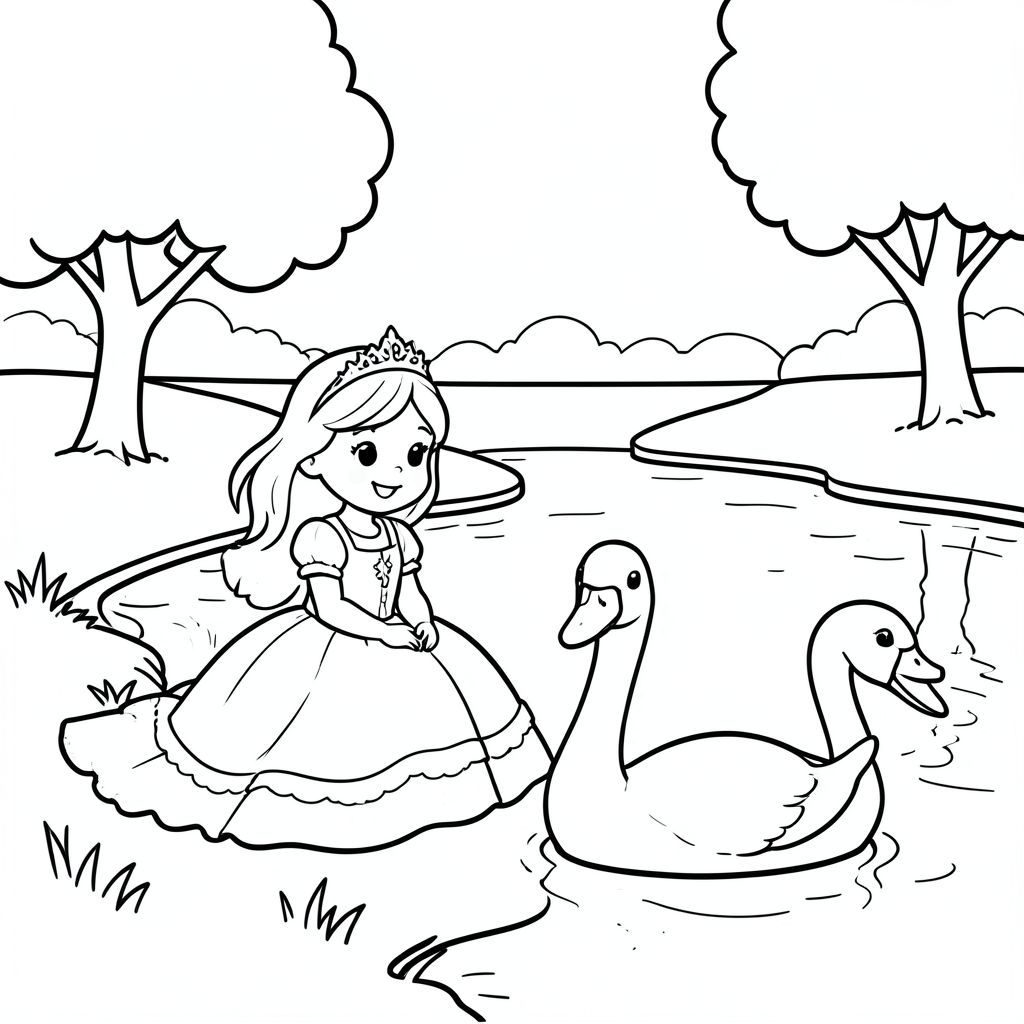 A princess sitting peacefully beside a calm lake with swans swimming. Simple trees and soft reflections in water. eyes clear

Style Rules (applied to every page):
Bold thick outlines
Simple background (no clutter)
One main character per page
Cute, happy, friendly expressions
Easy shapes for kids to color