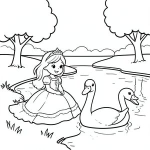 A princess sitting peacefully beside a calm lake with swans swimming. Simple trees and soft reflections in water. eyes clear

Style Rules (applied to every page):
Bold thick outlines
Simple background (no clutter)
One main character per page
Cute, happy, friendly expressions
Easy shapes for kids to color