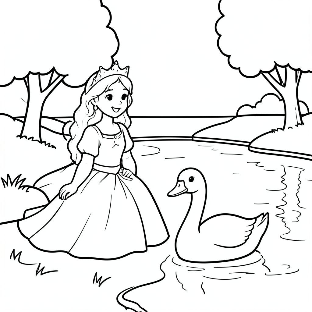 A princess sitting peacefully beside a calm lake with swans swimming. Simple trees and soft reflections in water. eyes clear one duck only.

Style Rules (applied to every page):
Bold thick outlines
Simple background (no clutter)
One main character per page
Cute, happy, friendly expressions
Easy shapes for kids to color