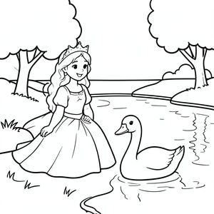 A princess sitting peacefully beside a calm lake with swans swimming. Simple trees and soft reflections in water. eyes clear one duck only.

Style Rules (applied to every page):
Bold thick outlines
Simple background (no clutter)
One main character per page
Cute, happy, friendly expressions
Easy shapes for kids to color