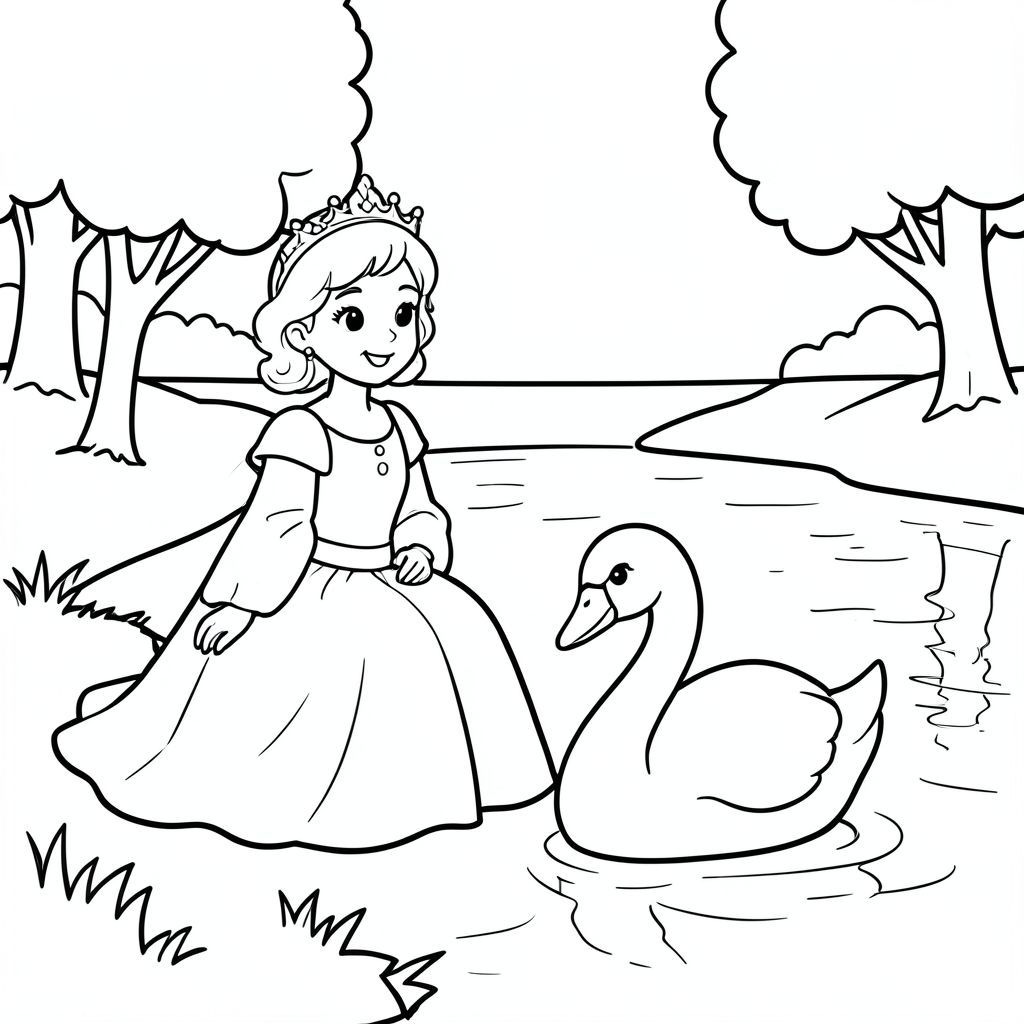 A princess sitting peacefully beside a calm lake with swans swimming. Simple trees and soft reflections in water. prince eyes clear. One swan only.

Style Rules (applied to every page):
Bold thick outlines
Simple background (no clutter)
One main character per page
Cute, happy, friendly expressions
Easy shapes for kids to color