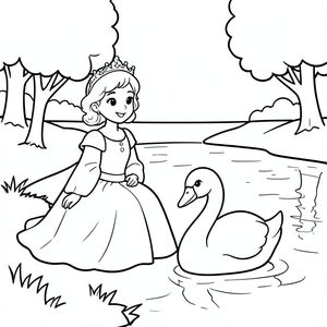 A princess sitting peacefully beside a calm lake with swans swimming. Simple trees and soft reflections in water. prince eyes clear. One swan only.

Style Rules (applied to every page):
Bold thick outlines
Simple background (no clutter)
One main character per page
Cute, happy, friendly expressions
Easy shapes for kids to color