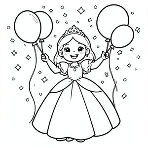 Prompt:
A princess celebrating with balloons, confetti, and a small cake, waving happily. Background is simple and festive.

Style Rules (applied to every page):
Bold thick outlines
Simple background (no clutter)
One main character per page
Cute, happy, friendly expressions
Easy shapes for kids to color