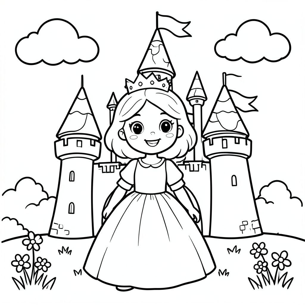 A cute 7-year-old princess girl with round friendly face, big expressive eyes, small nose, gentle smile, medium-length wavy hair with a simple crown. She is standing in front of a big fairytale castle, smiling, wearing a simple gown. The castle has round towers, heart-shaped flags, and fluffy clouds in the sky. Simple grass and flowers at the bottom.

Style Rules (applied to every page):
Bold thick outlines
Simple background (no clutter)
One main character per page
Cute, happy, friendly expressions
Easy shapes for kids to color