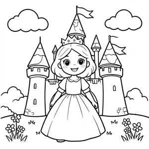 A cute 7-year-old princess girl with round friendly face, big expressive eyes, small nose, gentle smile, medium-length wavy hair with a simple crown. She is standing in front of a big fairytale castle, smiling, wearing a simple gown. The castle has round towers, heart-shaped flags, and fluffy clouds in the sky. Simple grass and flowers at the bottom.

Style Rules (applied to every page):
Bold thick outlines
Simple background (no clutter)
One main character per page
Cute, happy, friendly expressions
Easy shapes for kids to color