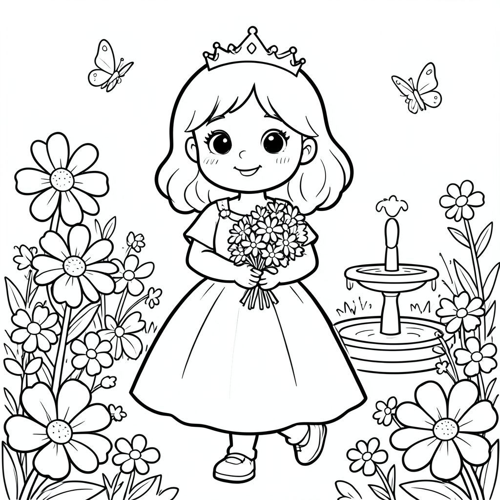 Prompt:
A cute 7-year-old princess girl with round friendly face, big expressive eyes, small nose, gentle smile, medium-length wavy hair with a simple crown. She is walking in a magical garden filled with large simple flowers, butterflies, and a small fountain. She is holding a flower bouquet.

Style Rules (applied to every page):
Bold thick outlines
Simple background (no clutter)
One main character per page
Cute, happy, friendly expressions
Easy shapes for kids to color