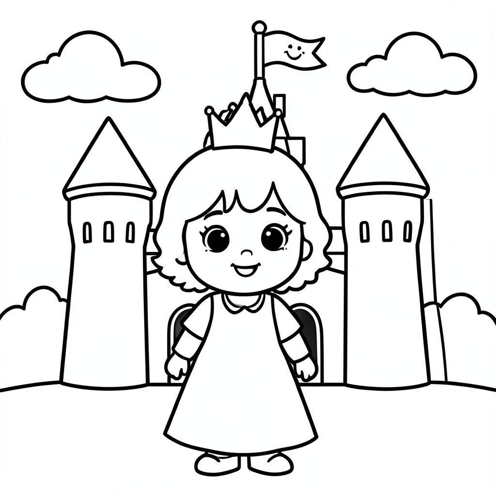 A cute 4-year-old princess girl with a round baby-like face, big simple eyes, tiny nose, small smile, short wavy hair, and a small simple crown. She is standing in front of a very simple big castle with round towers and a smiling flag. Clear sky and soft clouds.

Style Rules (applied to every page):
Bold thick outlines
Very simple background (no clutter)
One main character per page
Cute, happy, friendly toddler expressions
Very easy shapes for kids to color