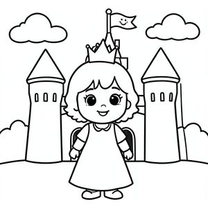 A cute 4-year-old princess girl with a round baby-like face, big simple eyes, tiny nose, small smile, short wavy hair, and a small simple crown. She is standing in front of a very simple big castle with round towers and a smiling flag. Clear sky and soft clouds.

Style Rules (applied to every page):
Bold thick outlines
Very simple background (no clutter)
One main character per page
Cute, happy, friendly toddler expressions
Very easy shapes for kids to color