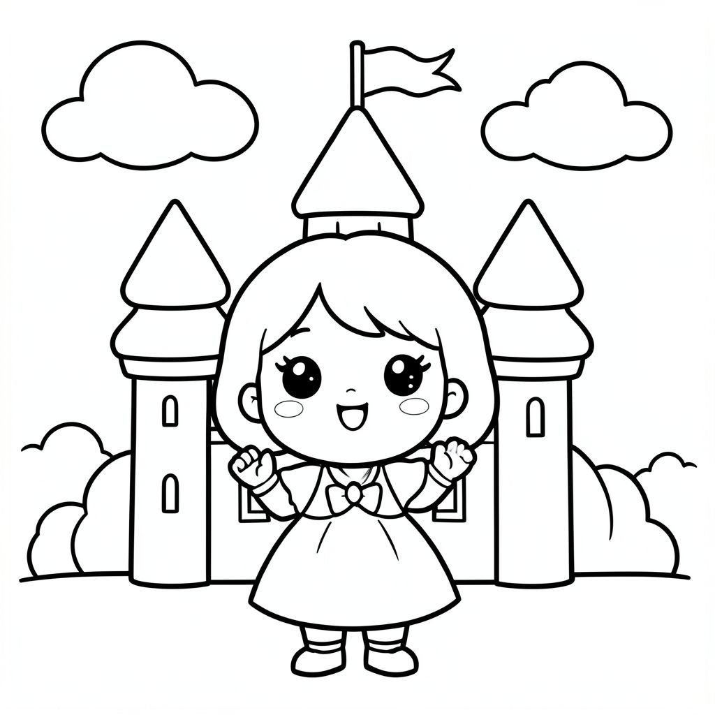 A super cute chibi princess girl (around 5 years old, toddler-like proportions) with a very large round head and small body. She stands happily in front of a simple kawaii castle with round soft towers, smiling flag, and fluffy clouds. She is waving.

Style rules (always apply):
Bold thick outlines
Simple shapes and forms
Very minimal background (no clutter)
One main character per page
Cute kawaii chibi proportions (big head, small body)
High clarity coloring book line art
No shading, only clean outlines