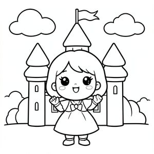 A super cute chibi princess girl (around 5 years old, toddler-like proportions) with a very large round head and small body. She stands happily in front of a simple kawaii castle with round soft towers, smiling flag, and fluffy clouds. She is waving.

Style rules (always apply):
Bold thick outlines
Simple shapes and forms
Very minimal background (no clutter)
One main character per page
Cute kawaii chibi proportions (big head, small body)
High clarity coloring book line art
No shading, only clean outlines