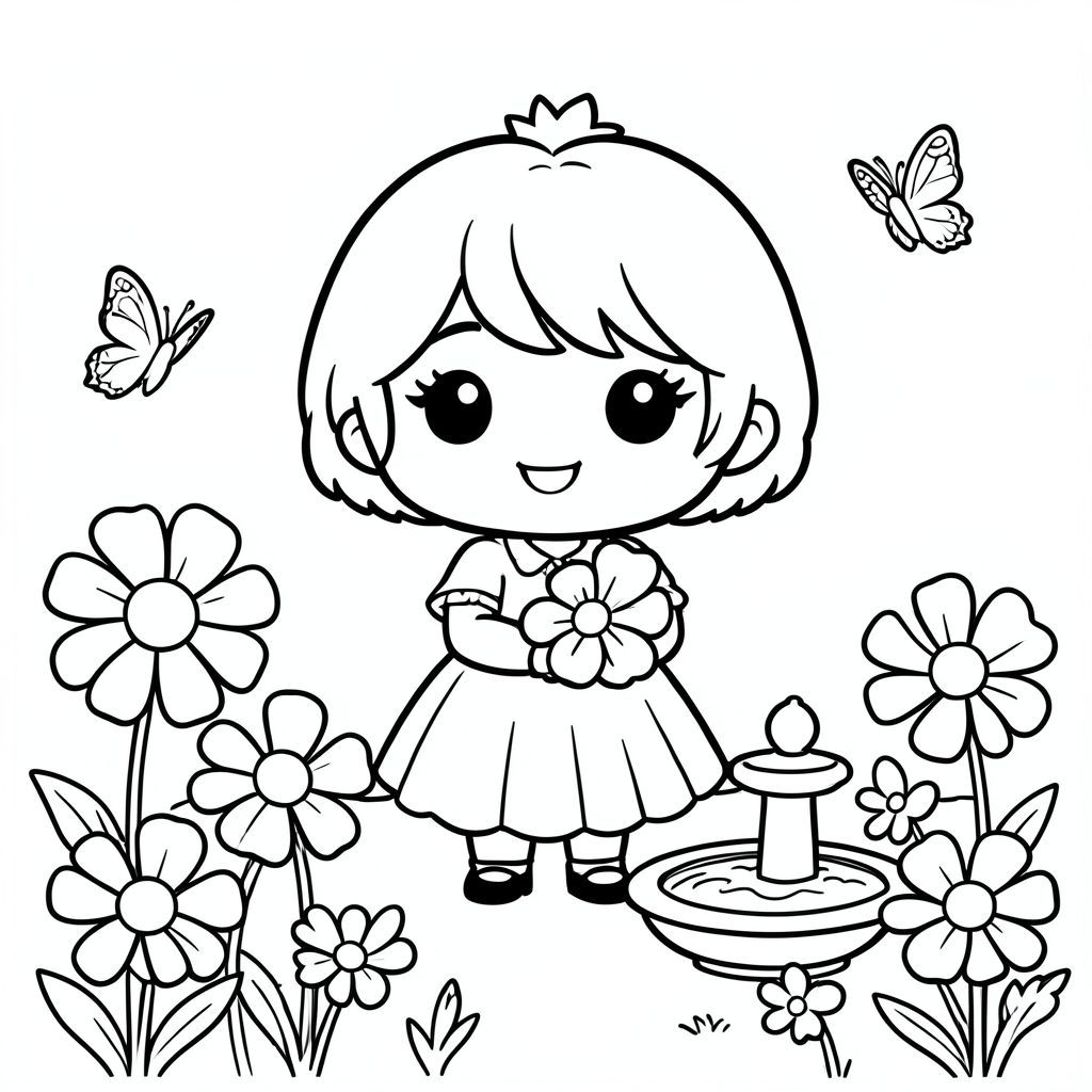 A chibi princess smiling in a simple flower garden with big round flowers, butterflies, and a tiny fountain. She is holding one large flower.
Style rules (always apply):
Bold thick outlines
Simple shapes and forms
Very minimal background (no clutter)
One main character per page
Cute kawaii chibi proportions (big head, small body)
High clarity coloring book line art
No shading, only clean outlines