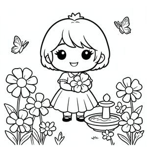 A chibi princess smiling in a simple flower garden with big round flowers, butterflies, and a tiny fountain. She is holding one large flower.
Style rules (always apply):
Bold thick outlines
Simple shapes and forms
Very minimal background (no clutter)
One main character per page
Cute kawaii chibi proportions (big head, small body)
High clarity coloring book line art
No shading, only clean outlines