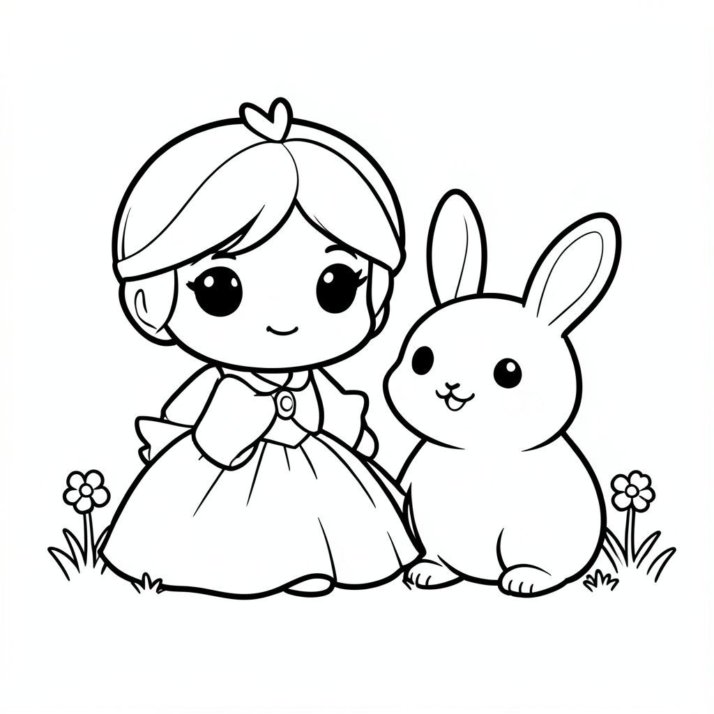 A chibi princess sitting beside a small cute bunny. The bunny is round and smiling. Simple grass and flowers.
Style rules (always apply):
Bold thick outlines
Simple shapes and forms
Very minimal background (no clutter)
One main character per page
Cute kawaii chibi proportions (big head, small body)
High clarity coloring book line art
No shading, only clean outlines