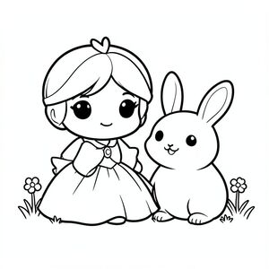 A chibi princess sitting beside a small cute bunny. The bunny is round and smiling. Simple grass and flowers.
Style rules (always apply):
Bold thick outlines
Simple shapes and forms
Very minimal background (no clutter)
One main character per page
Cute kawaii chibi proportions (big head, small body)
High clarity coloring book line art
No shading, only clean outlines