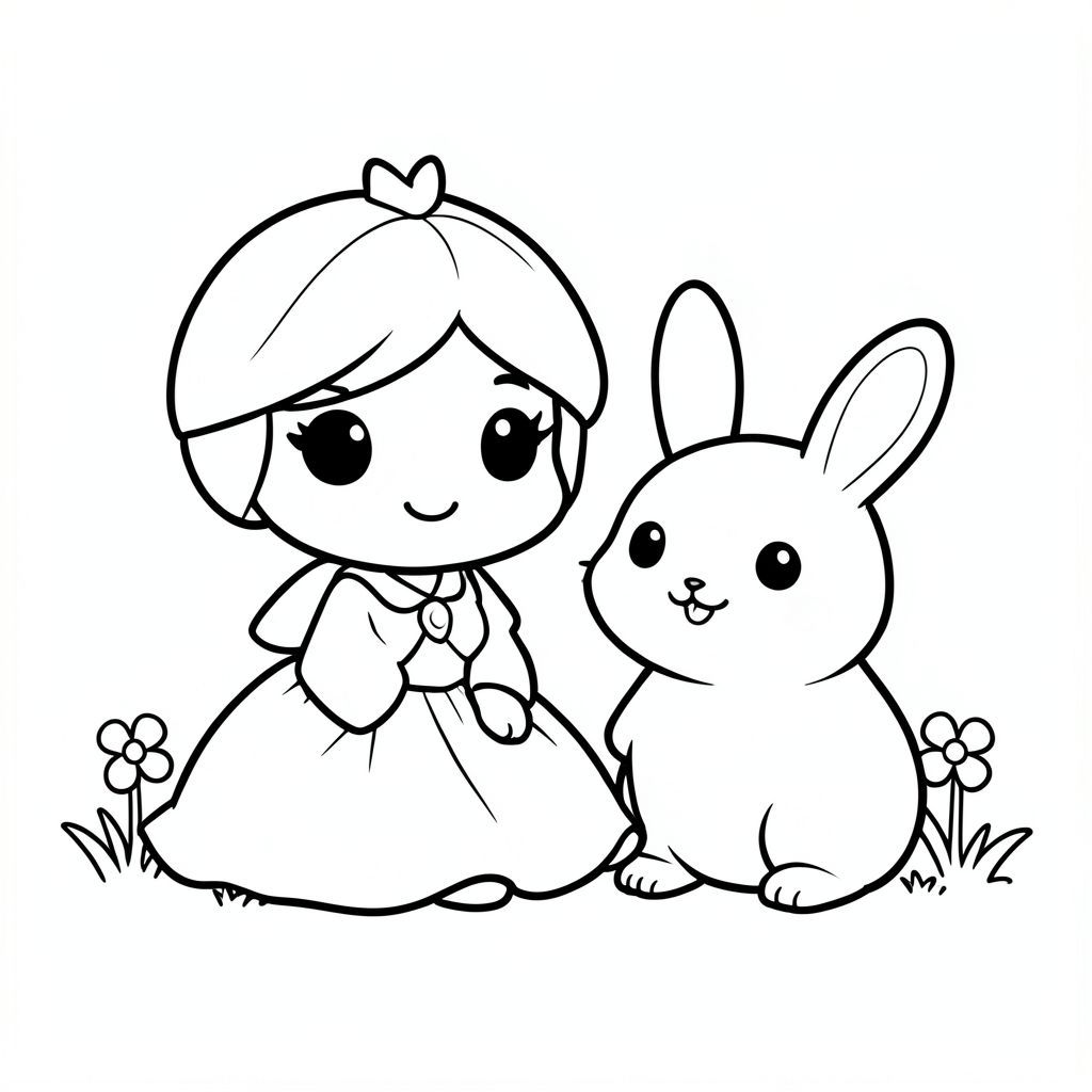 A chibi princess sitting beside a small cute bunny. The bunny is round and smiling. Simple grass and flowers.

Style rules:
Bold thick outlines
Simple shapes and forms
Very minimal background (no clutter)
Cute kawaii chibi proportions (big head, small body)
High clarity coloring book line art
No shading, only clean outlines