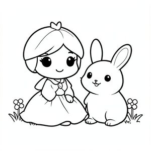 A chibi princess sitting beside a small cute bunny. The bunny is round and smiling. Simple grass and flowers.

Style rules:
Bold thick outlines
Simple shapes and forms
Very minimal background (no clutter)
Cute kawaii chibi proportions (big head, small body)
High clarity coloring book line art
No shading, only clean outlines