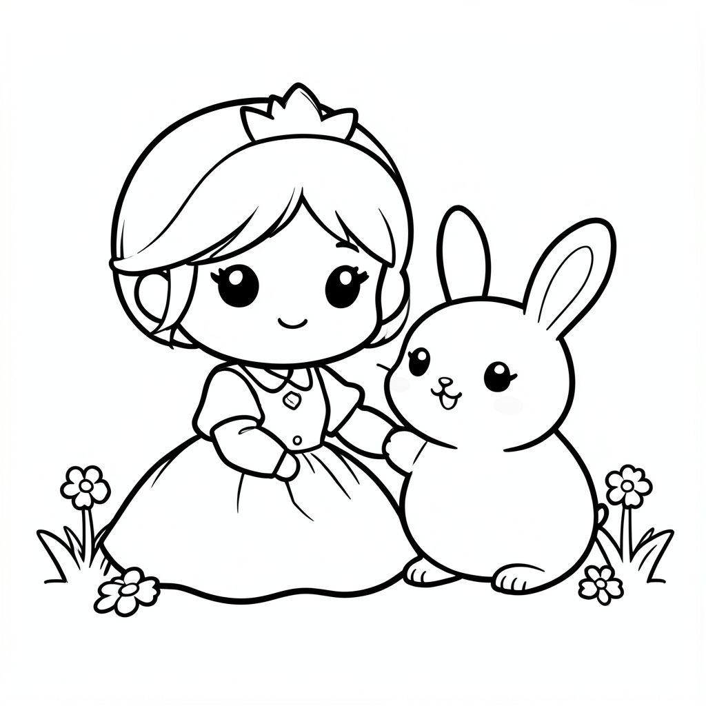 A chibi princess sitting beside a small cute bunny. The bunny is round and smiling. Simple grass and flowers. Having both hands to princess and bunny.
Style rules (always apply):
Bold thick outlines
Simple shapes and forms
Very minimal background (no clutter)
One main character per page
Cute kawaii chibi proportions (big head, small body)
High clarity coloring book line art
No shading, only clean outlines