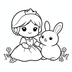 A chibi princess sitting beside a small cute bunny. The bunny is round and smiling. Simple grass and flowers. Having both hands to princess and bunny.
Style rules (always apply):
Bold thick outlines
Simple shapes and forms
Very minimal background (no clutter)
One main character per page
Cute kawaii chibi proportions (big head, small body)
High clarity coloring book line art
No shading, only clean outlines