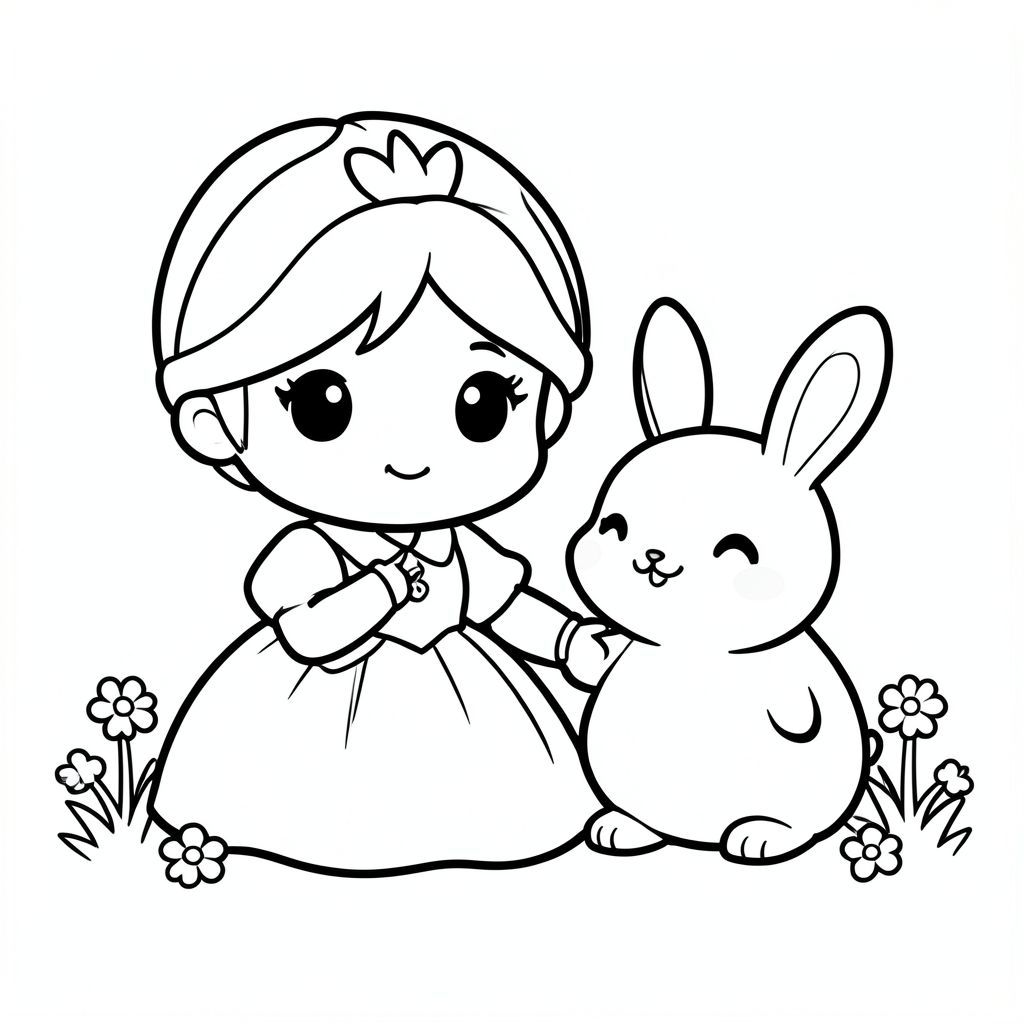 A chibi princess sitting beside a small cute bunny. The bunny is round and smiling. Simple grass and flowers. Having full hands to princess and bunny too.

Style rules:
Bold thick outlines
Simple shapes and forms
Very minimal background (no clutter)
Cute kawaii chibi proportions (big head, small body)
High clarity coloring book line art
No shading, only clean outlines