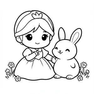 A chibi princess sitting beside a small cute bunny. The bunny is round and smiling. Simple grass and flowers. Having full hands to princess and bunny too.

Style rules:
Bold thick outlines
Simple shapes and forms
Very minimal background (no clutter)
Cute kawaii chibi proportions (big head, small body)
High clarity coloring book line art
No shading, only clean outlines