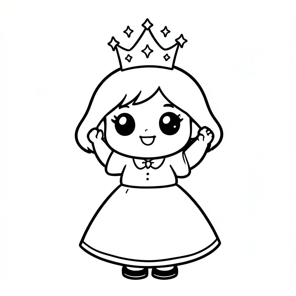 A chibi princess happily adjusting her small crown with sparkles around her. Very simple background.

Style rules (always apply):
Bold thick outlines
Simple shapes and forms
Very minimal background (no clutter)
One main character per page
Cute kawaii chibi proportions (big head, small body)
High clarity coloring book line art
No shading, only clean outlines