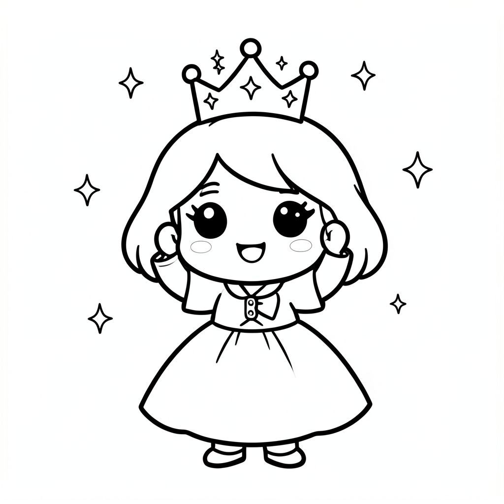 A chibi princess happily adjusting her small crown with sparkles around her. Very simple background. Few sparkles in background.

Style rules (always apply):
Bold thick outlines
Simple shapes and forms
Very minimal background (no clutter)
One main character per page
Cute kawaii chibi proportions (big head, small body)
High clarity coloring book line art
No shading, only clean outlines