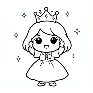 A chibi princess happily adjusting her small crown with sparkles around her. Very simple background. Few sparkles in background.

Style rules (always apply):
Bold thick outlines
Simple shapes and forms
Very minimal background (no clutter)
One main character per page
Cute kawaii chibi proportions (big head, small body)
High clarity coloring book line art
No shading, only clean outlines