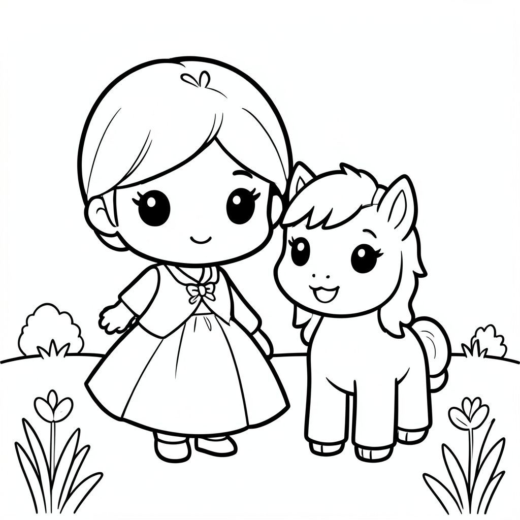 A chibi princess standing next to a cute small pony with a smiling face. Simple meadow background.

Style rules (always apply):
Bold thick outlines
Simple shapes and forms
Very minimal background (no clutter)
One main character per page
Cute kawaii chibi proportions (big head, small body)
High clarity coloring book line art
No shading, only clean outlines
