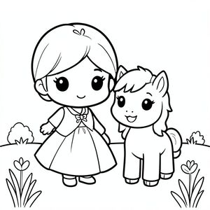A chibi princess standing next to a cute small pony with a smiling face. Simple meadow background.

Style rules (always apply):
Bold thick outlines
Simple shapes and forms
Very minimal background (no clutter)
One main character per page
Cute kawaii chibi proportions (big head, small body)
High clarity coloring book line art
No shading, only clean outlines