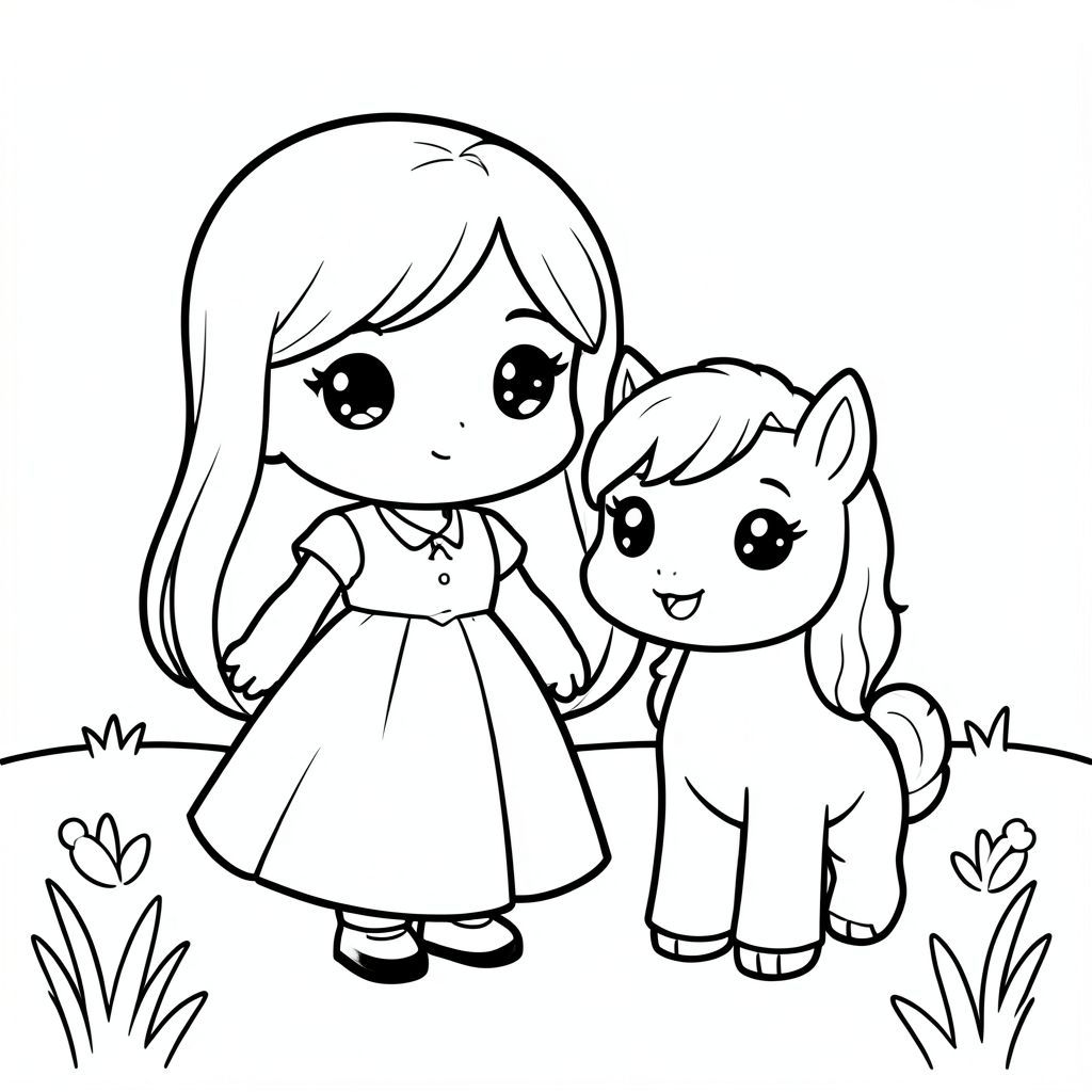 A chibi princess standing next to a cute small pony with a smiling face. Simple meadow background. with long hair.

Style rules (always apply):
Bold thick outlines
Simple shapes and forms
Very minimal background (no clutter)
One main character per page
Cute kawaii chibi proportions (big head, small body)
High clarity coloring book line art
No shading, only clean outlines