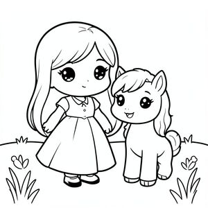 A chibi princess standing next to a cute small pony with a smiling face. Simple meadow background. with long hair.

Style rules (always apply):
Bold thick outlines
Simple shapes and forms
Very minimal background (no clutter)
One main character per page
Cute kawaii chibi proportions (big head, small body)
High clarity coloring book line art
No shading, only clean outlines