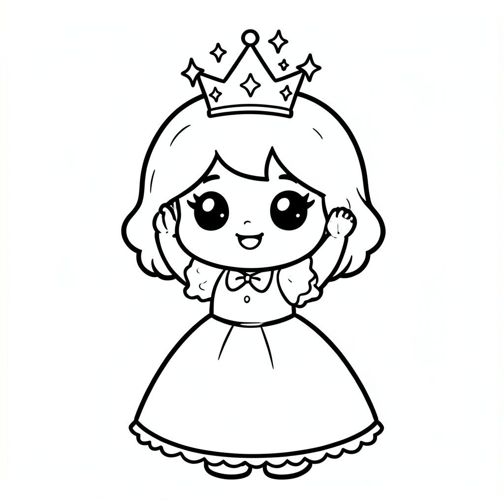 A chibi princess happily adjusting her small crown with sparkles around her. Very simple background. With Cute kawaii chibi hairstyle
Style rules (always apply):
Bold thick outlines
Simple shapes and forms
Very minimal background (no clutter)
One main character per page
Cute kawaii chibi proportions (big head, small body)
High clarity coloring book line art
No shading, only clean outlines