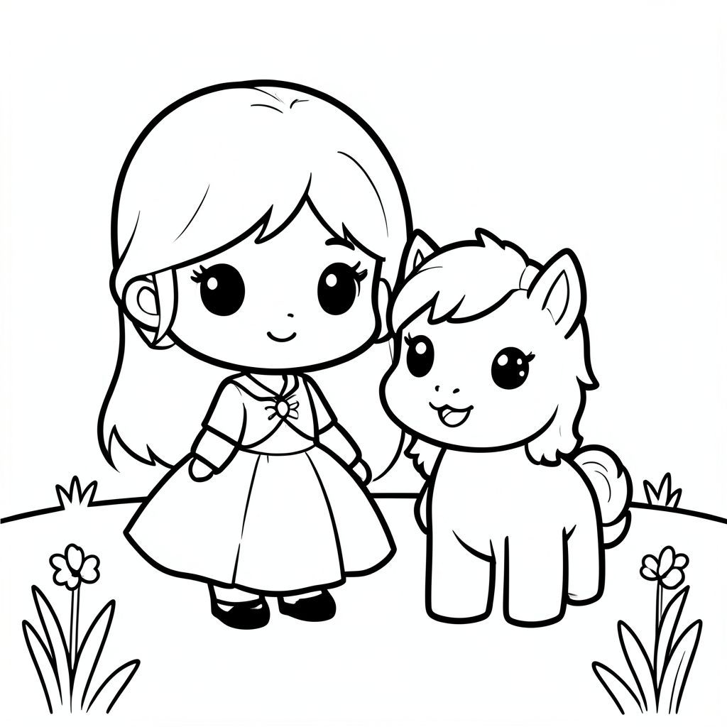 A chibi princess standing next to a cute small pony with a smiling face. Simple meadow background. With Cute kawaii chibi hairstyle.

Style rules (always apply):
Bold thick outlines
Simple shapes and forms
Very minimal background (no clutter)
One main character per page
Cute kawaii chibi proportions (big head, small body)
High clarity coloring book line art
No shading, only clean outlines