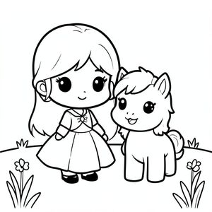 A chibi princess standing next to a cute small pony with a smiling face. Simple meadow background. With Cute kawaii chibi hairstyle.

Style rules (always apply):
Bold thick outlines
Simple shapes and forms
Very minimal background (no clutter)
One main character per page
Cute kawaii chibi proportions (big head, small body)
High clarity coloring book line art
No shading, only clean outlines