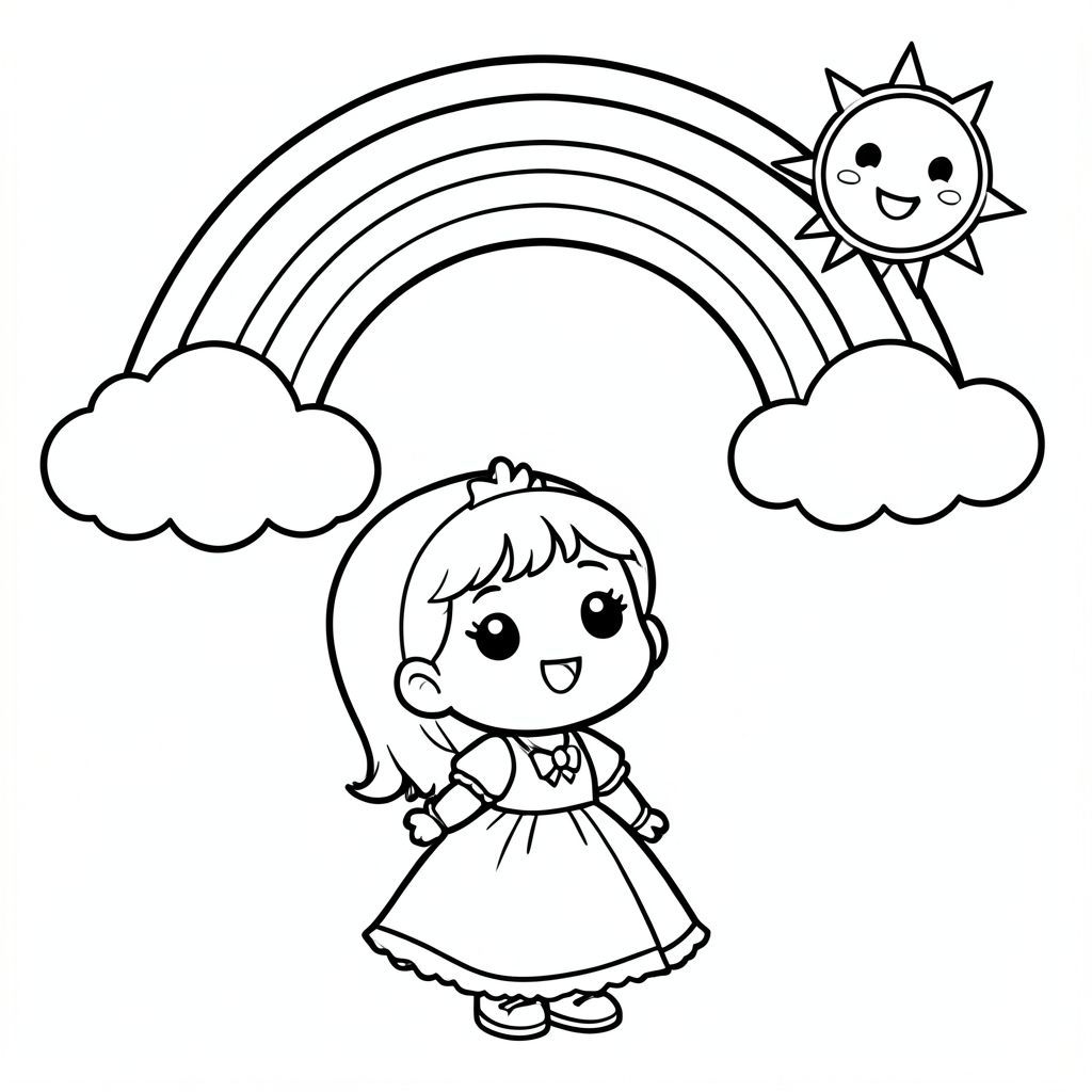 A chibi princess looking up at a big rainbow in the sky with fluffy clouds and smiling sun.

Style rules (always apply):
Bold thick outlines
Simple shapes and forms
Very minimal background (no clutter)
One main character per page
Cute kawaii chibi proportions (big head, small body)
High clarity coloring book line art
No shading, only clean outlines