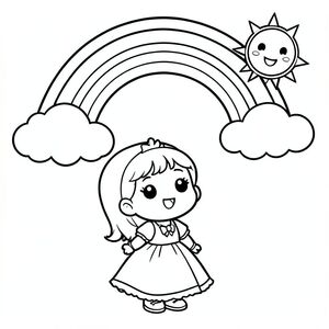 A chibi princess looking up at a big rainbow in the sky with fluffy clouds and smiling sun.

Style rules (always apply):
Bold thick outlines
Simple shapes and forms
Very minimal background (no clutter)
One main character per page
Cute kawaii chibi proportions (big head, small body)
High clarity coloring book line art
No shading, only clean outlines