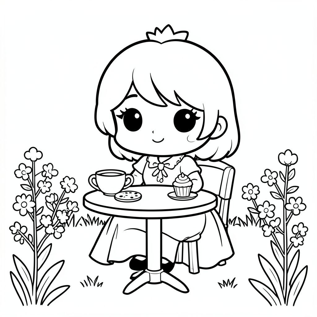 A chibi princess sitting at a tiny tea table with teacup, cookie, and cupcake. Simple garden setting.

Style rules (always apply):
Bold thick outlines
Simple shapes and forms
Very minimal background (no clutter)
One main character per page
Cute kawaii chibi proportions (big head, small body)
High clarity coloring book line art
No shading, only clean outlines