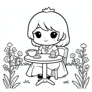 A chibi princess sitting at a tiny tea table with teacup, cookie, and cupcake. Simple garden setting.

Style rules (always apply):
Bold thick outlines
Simple shapes and forms
Very minimal background (no clutter)
One main character per page
Cute kawaii chibi proportions (big head, small body)
High clarity coloring book line art
No shading, only clean outlines