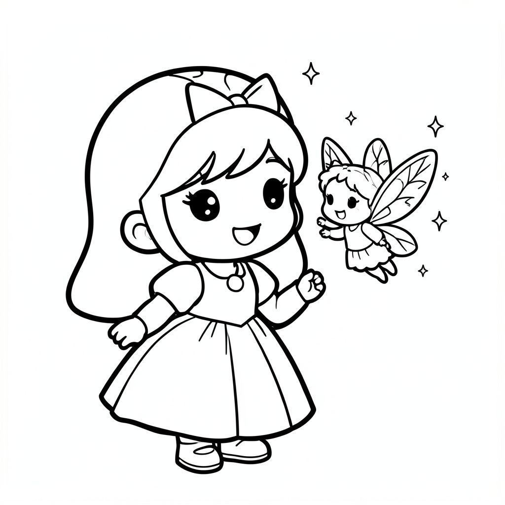 A chibi princess smiling at a tiny floating fairy with wings and sparkles. Very minimal enchanted background.

Style rules (always apply):
Bold thick outlines
Simple shapes and forms
Very minimal background (no clutter)
One main character per page
Cute kawaii chibi proportions (big head, small body)
High clarity coloring book line art
No shading, only clean outlines