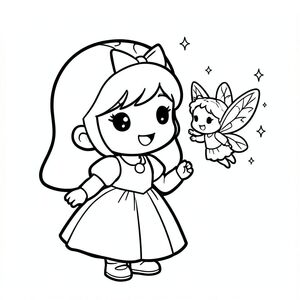 A chibi princess smiling at a tiny floating fairy with wings and sparkles. Very minimal enchanted background.

Style rules (always apply):
Bold thick outlines
Simple shapes and forms
Very minimal background (no clutter)
One main character per page
Cute kawaii chibi proportions (big head, small body)
High clarity coloring book line art
No shading, only clean outlines