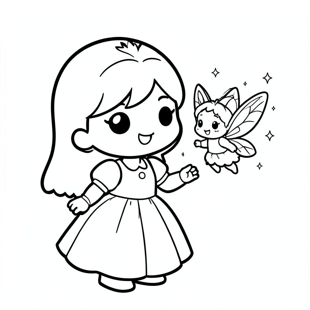 A chibi princess smiling at a tiny floating fairy with wings and sparkles. Very minimal enchanted background. Only 2 hands to tiny floating fairy.

Style rules (always apply):
Bold thick outlines
Simple shapes and forms
Very minimal background (no clutter)
One main character per page
Cute kawaii chibi proportions (big head, small body)
High clarity coloring book line art
No shading, only clean outlines