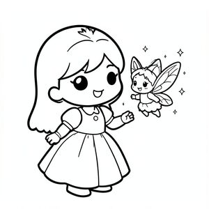 A chibi princess smiling at a tiny floating fairy with wings and sparkles. Very minimal enchanted background. Only 2 hands to tiny floating fairy.

Style rules (always apply):
Bold thick outlines
Simple shapes and forms
Very minimal background (no clutter)
One main character per page
Cute kawaii chibi proportions (big head, small body)
High clarity coloring book line art
No shading, only clean outlines