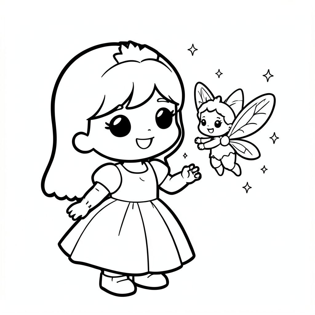 A chibi princess smiling at a tiny floating fairy with wings and sparkles. Very minimal enchanted background. With only 2 hands to floating fairy.

Style rules (always apply):
Bold thick outlines
Simple shapes and forms
Very minimal background (no clutter)
One main character per page
Cute kawaii chibi proportions (big head, small body)
High clarity coloring book line art
No shading, only clean outlines