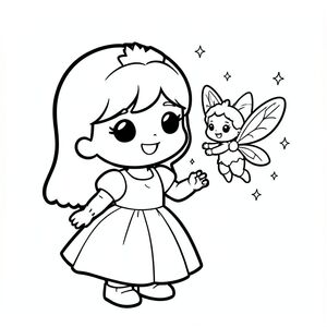 A chibi princess smiling at a tiny floating fairy with wings and sparkles. Very minimal enchanted background. With only 2 hands to floating fairy.

Style rules (always apply):
Bold thick outlines
Simple shapes and forms
Very minimal background (no clutter)
One main character per page
Cute kawaii chibi proportions (big head, small body)
High clarity coloring book line art
No shading, only clean outlines