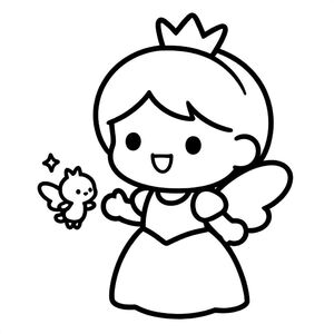 A chibi princess smiling at a tiny floating fairy with wings and sparkles. Very minimal enchanted background. Having 2 hands to tiny floating fairy and 2 wings and sparkles.

Style rules (always apply):
Bold thick outlines
Simple shapes and forms
Very minimal background (no clutter)
One main character per page
Cute kawaii chibi proportions (big head, small body)
High clarity coloring book line art
No shading, only clean outlines