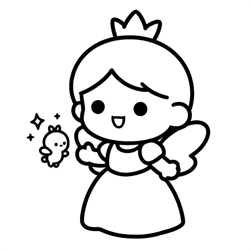 A chibi princess smiling at a tiny floating fairy with wings and sparkles. Very minimal enchanted background. Having 2 hands and 2 wings to tiny floating fairy.

Style rules (always apply):
Bold thick outlines
Simple shapes and forms
Very minimal background (no clutter)
One main character per page
Cute kawaii chibi proportions (big head, small body)
High clarity coloring book line art
No shading, only clean outlines