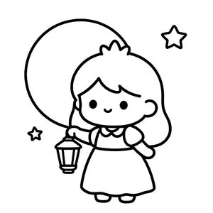 A chibi princess holding a small lantern under a big moon and stars. Calm and simple night sky.

Style rules (always apply):
Bold thick outlines
Simple shapes and forms
Very minimal background (no clutter)
One main character per page
Cute kawaii chibi proportions (big head, small body)
High clarity coloring book line art
No shading, only clean outlines